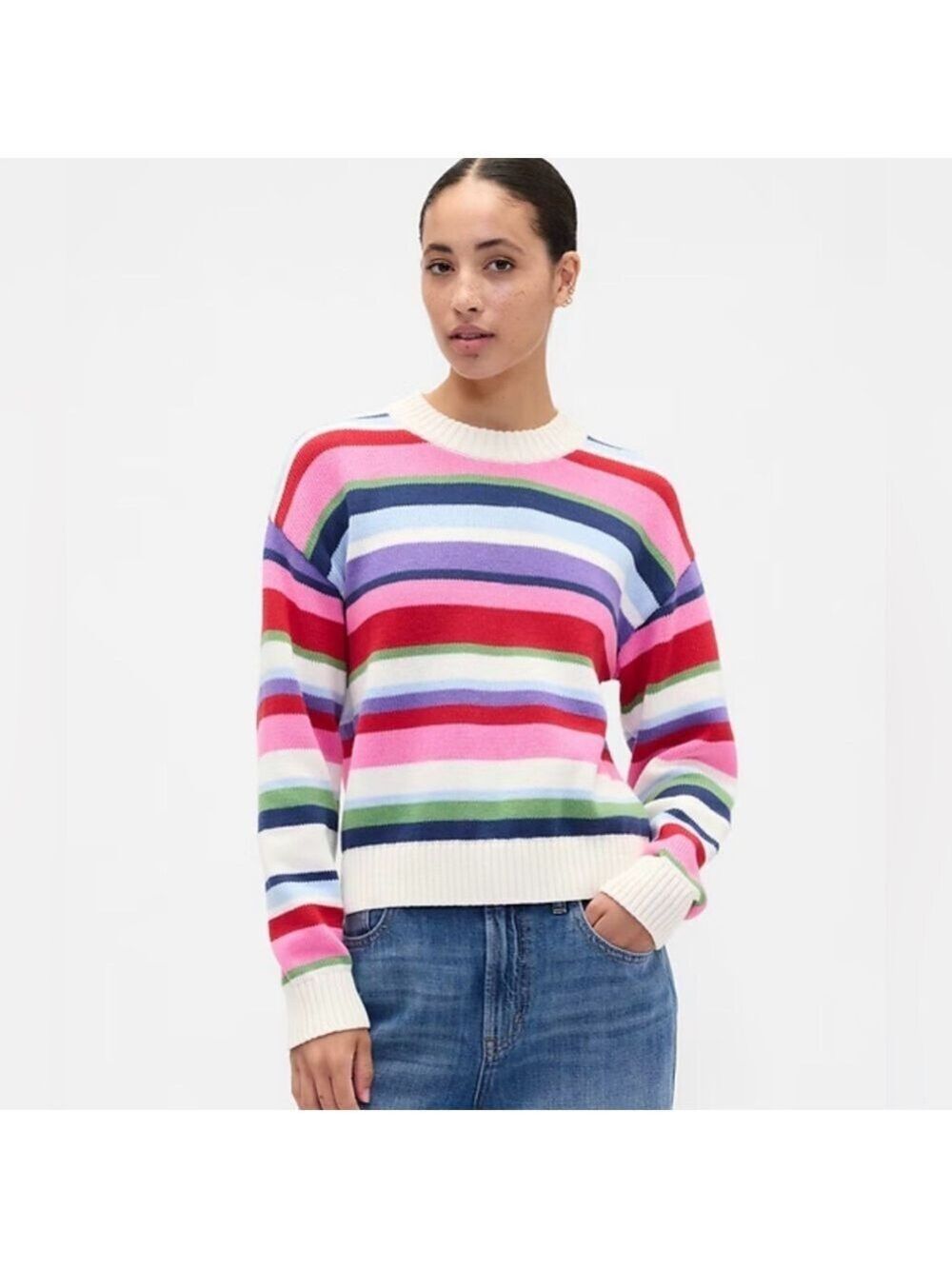 Gap Relaxed Happy Stripe Cropped Holidays Cotton Sweater M NWOT Casual Cozy